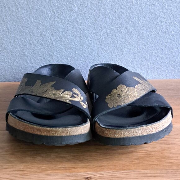 Birkenstock Papillio Daytona Womens 42 11 Narrow Black Gold Cross Strap Sandal - Picture 2 of 11